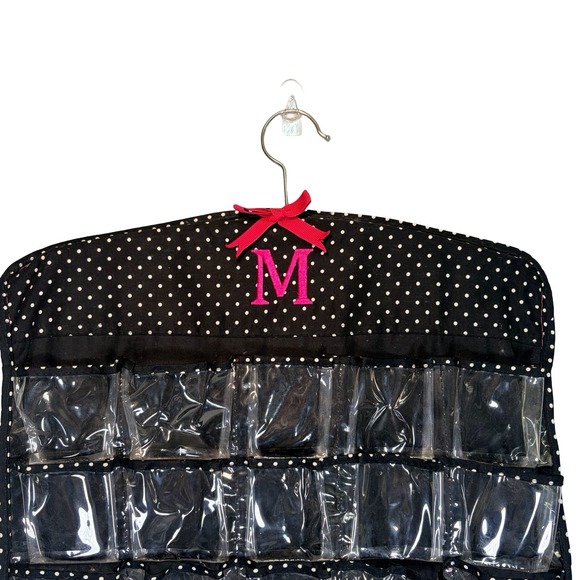 Monogram M Hanging Jewelry Organizer Pink Black Polka Dot 66 Pockets DBL Sided - Picture 3 of 9
